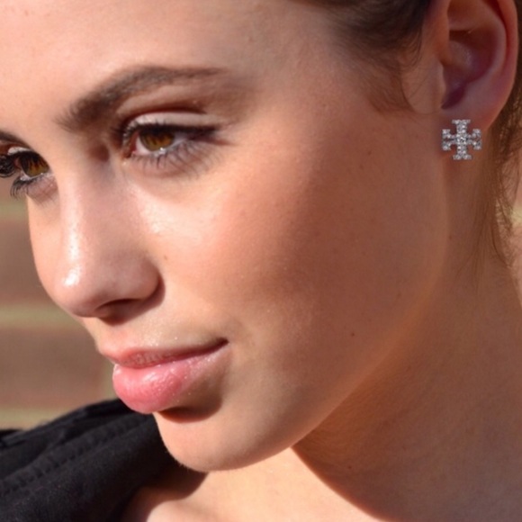 TORY BURCH • Silver Crystal Logo Earrings - Picture 4 of 4
